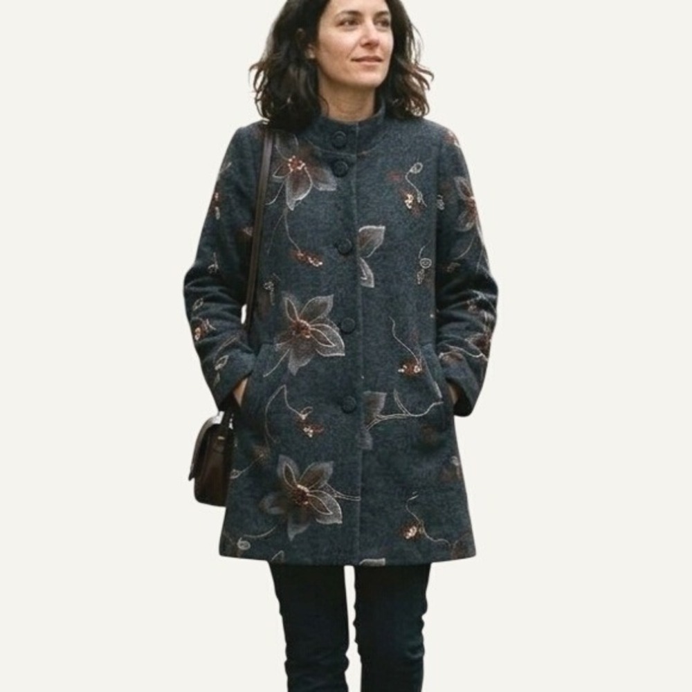 Geiger Austria Pure New Wool Floral Embroidered Coat Grey Sz 40 Lagenlook Folk